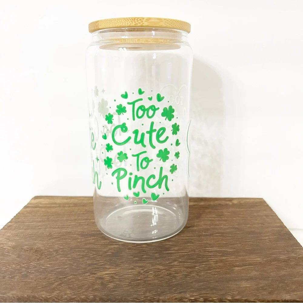 “Too Cute To Pinch” Libbey Glass Can with Bamboo Lid and Straw